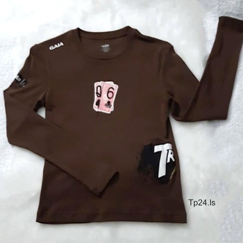 GALA Teens Women Tee Top 100% Cotton Brown Round Neck L-Sleeve White Pink Print